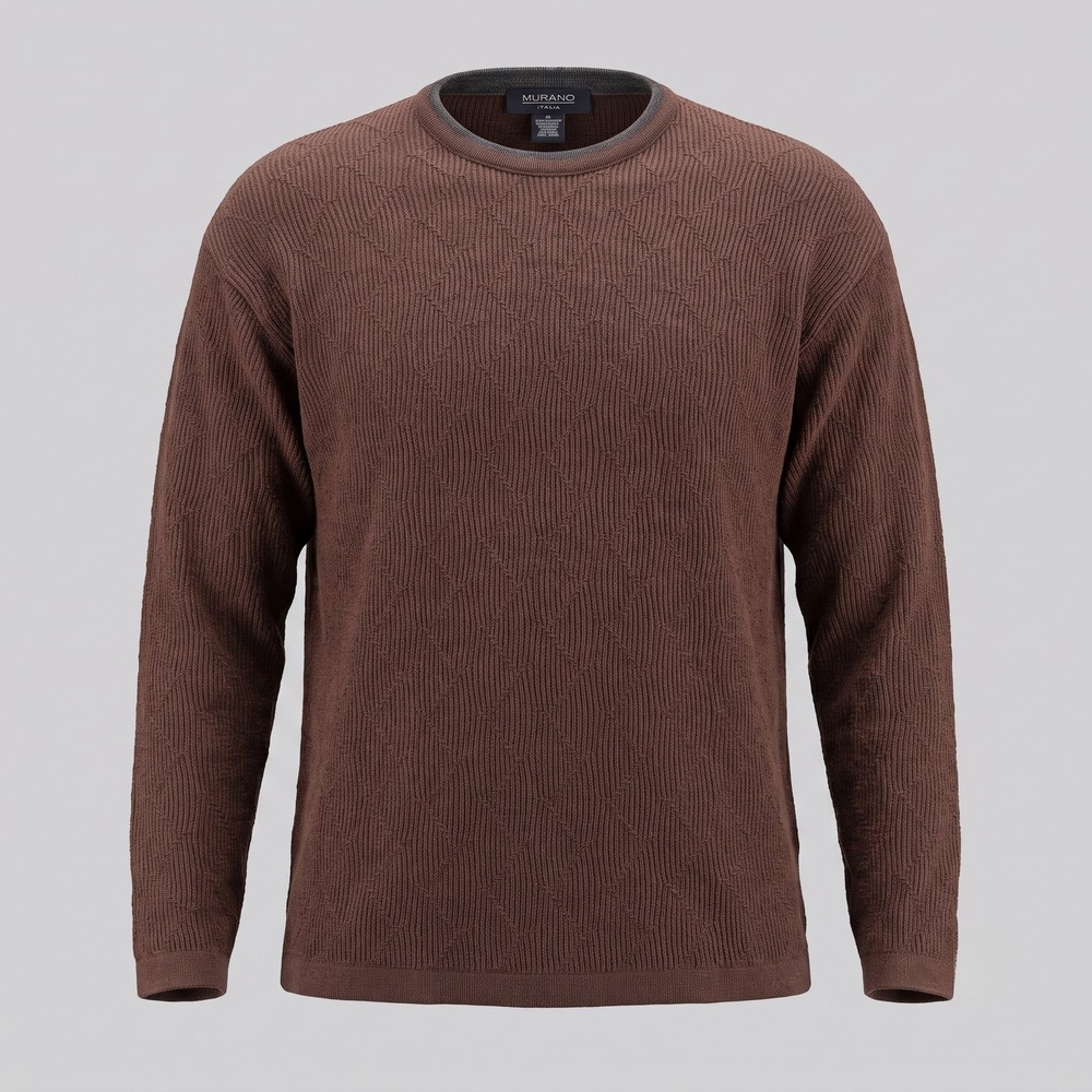 Murano Italia Sweater Mens XL Brown Textured Diamond‎ Knit Wool Blend Crew Neck